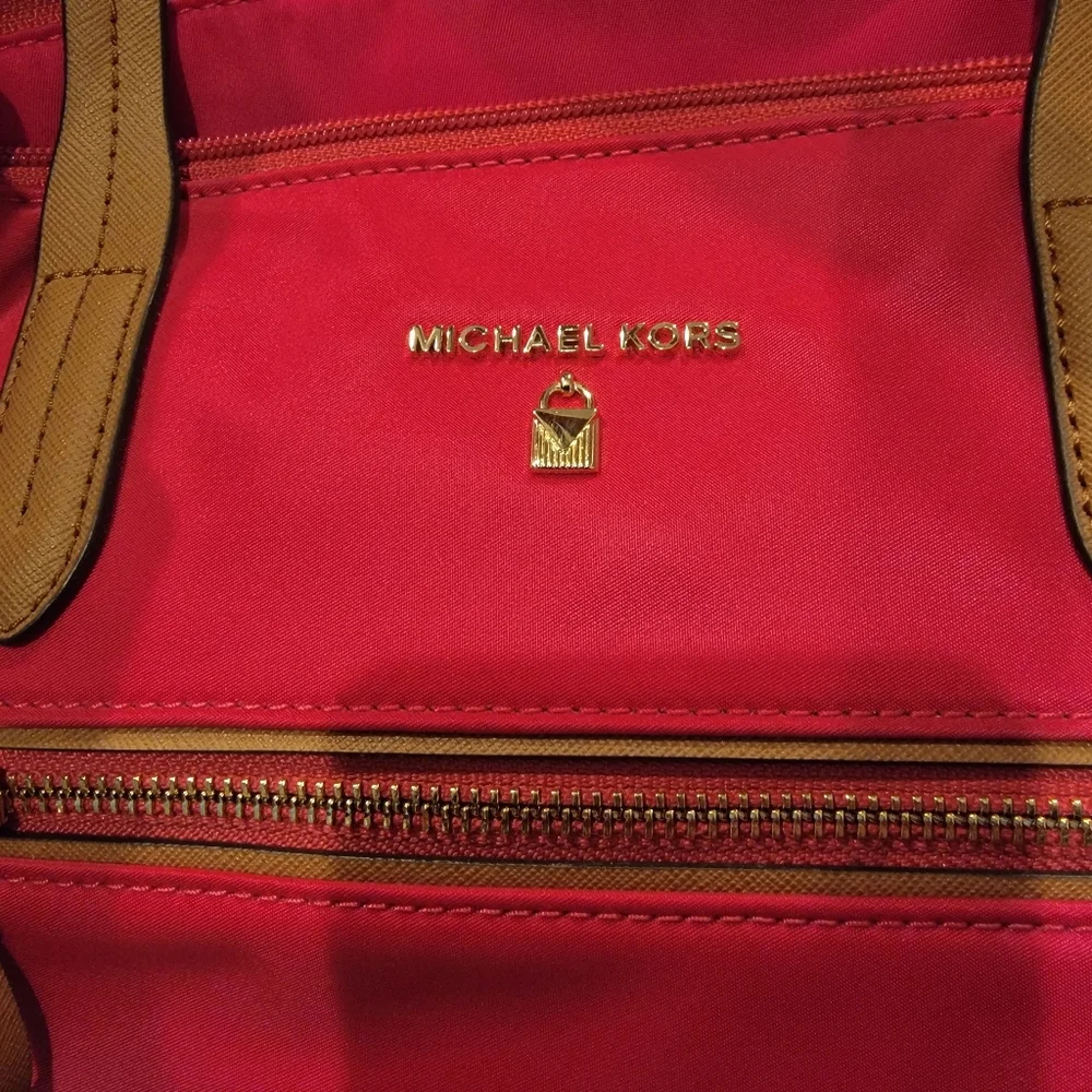 Michael Kors Fuchsia and Tan Nylon Luggage Tote